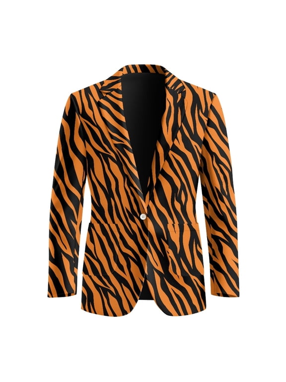Tiger Stripe Polyester Business Suit Jacket with One Button, Slim Fit Long Sleeve Men's Blazer for Prom and Casual Wear