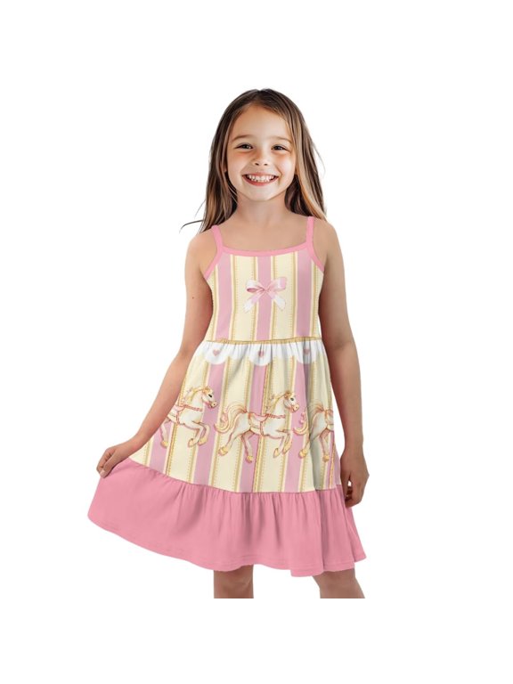 Toddler Girls Horse Dresses Kids Summer Sundress Sleeveless A Line Tiered Swing Dress for Girls Causal Soft Midi Dresses for Party School