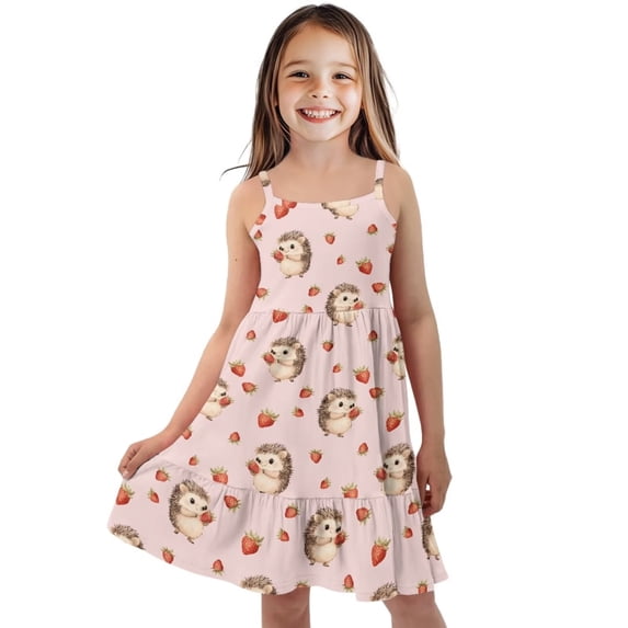 Uourmeti Toddler Girls Sleeveless Dress Hedgehog Print Causal Spaghetti Strap A Line Short Swing Dress Cute Spring Summer Clothes for Girls Sundress