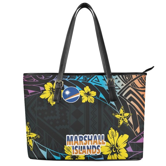 Uourmeti Tribal Yellow Hibiscus Print Waterproof Tote Shoulder Bags, PU Leather Saddle Handbag Zippered Tote Bag for Dating Work