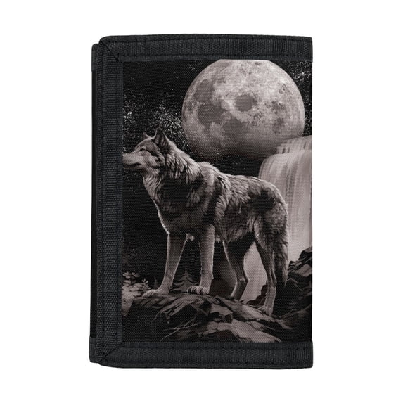Uourmeti Trifold Card Wallet Moon Wolf Waterfall Print Lightweight Trifold Pocket Wallet for Holiday, Elastic Polyester Slim Kids Trifold Wallet