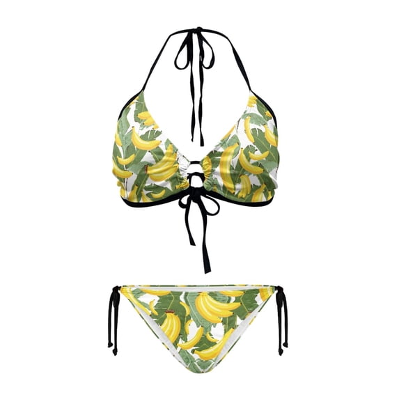 Uourmeti Tropical Banana Print Halter Neck Bikini Set - Two Piece Triangle Swimsuit with Tie Side Bottoms - Sexy Quick Dry Bathing Suit for Beach Vacation