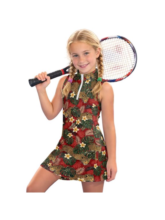 Tropical Leopard Print Girls Sleeveless 1/4 Zip Tennis Dress Kids A Line Dress School Sports Quick-Dry Athletic Dresses Outfit with Pockets