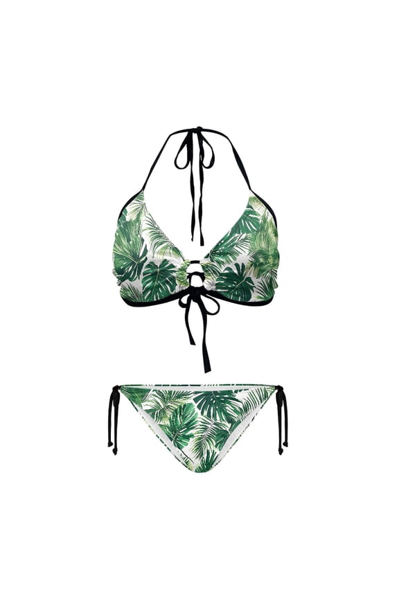 Tropical Palm Leaf Halter Triangle Bikini Set Sexy Tie Side Two Piece Swimsuit for Beach Vacation Pool Party Quick Dry & Figure Hugging