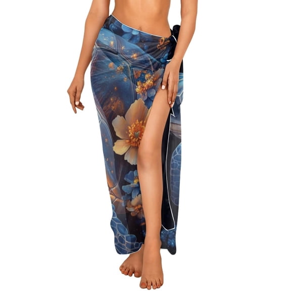 Uourmeti Turtle Floral Women Swimsuit Cover up Long Sarong Skirt Ladies Bikini Warp Skirt Beach Chiffon Bathing Swimwear Pareo Wrap for Vacation,One Size