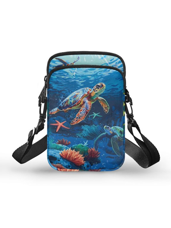 Turtle and Coral Pattern Lightweight Crossbody Purse for Hiking Travel, Multi-Purpose Double Zipper Crossbody Bag