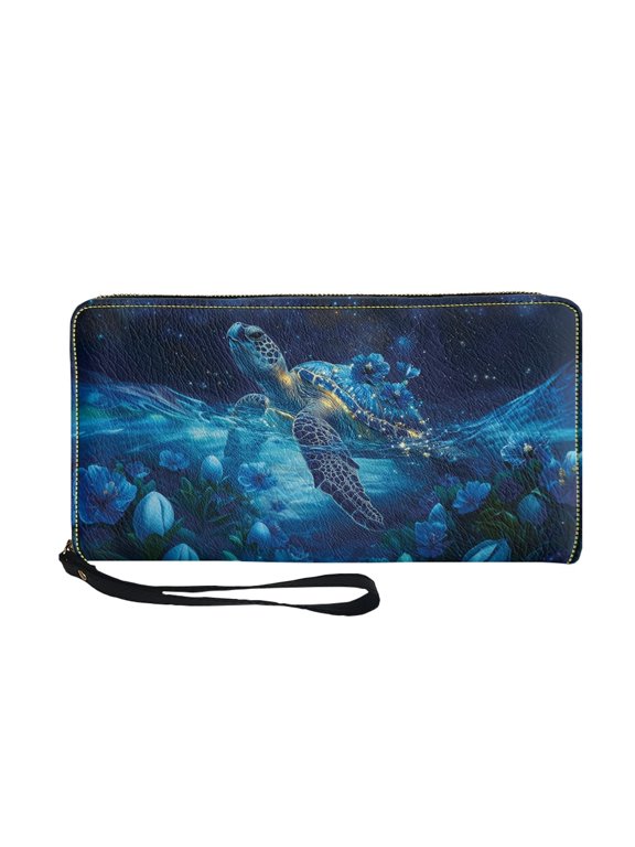 Turtle and Floral Pattern Long Purse with Portable Zip-Around Long Wallet for Travel, PU Leather Women's Wallets for Dating