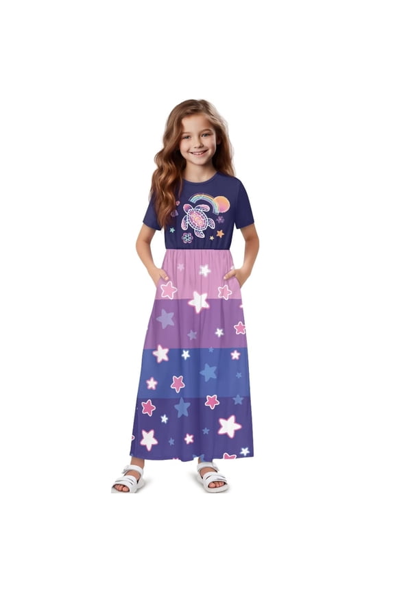 Tween Girls Maxi Dress Short Sleeve Round Neck Casual Flowy Cartoon Stars Turtle Print Summer Long Dress for Girls Big Kids, Size 9-10 Years