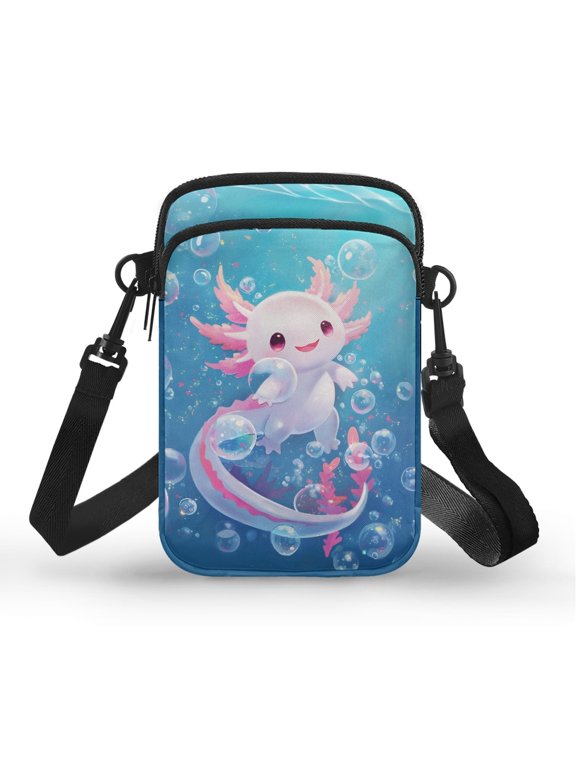 Two Layer Cell Phone Purse with Axolotl Pattern, Polyester Crossbody Bag with Adjustable Strap for Casual Hiking and Running