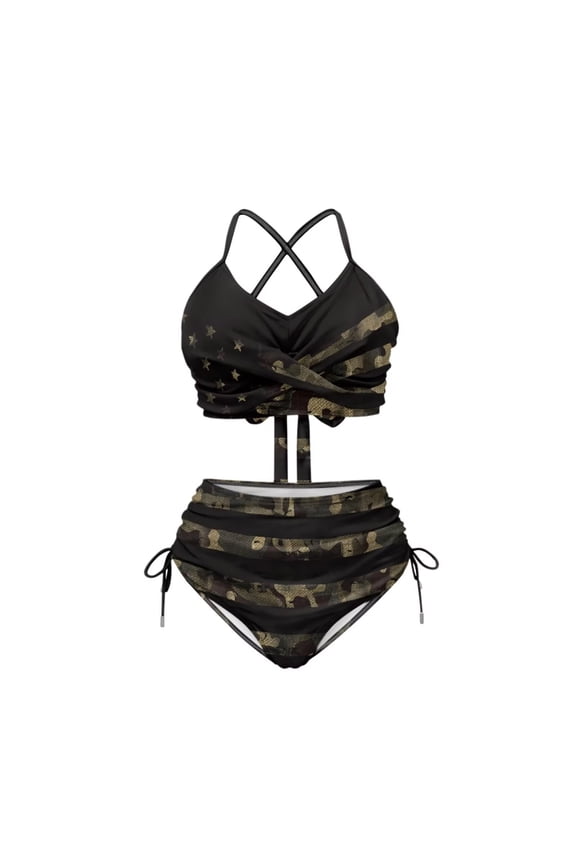 Two Piece US Flag Green Camo Bikini Sets Twist Front Swimsuit High Waisted Tummy Control Bathing Suit for Women Ruched Ruffle Swimsuits Tie Knot High Rise Bathing Swim Suits