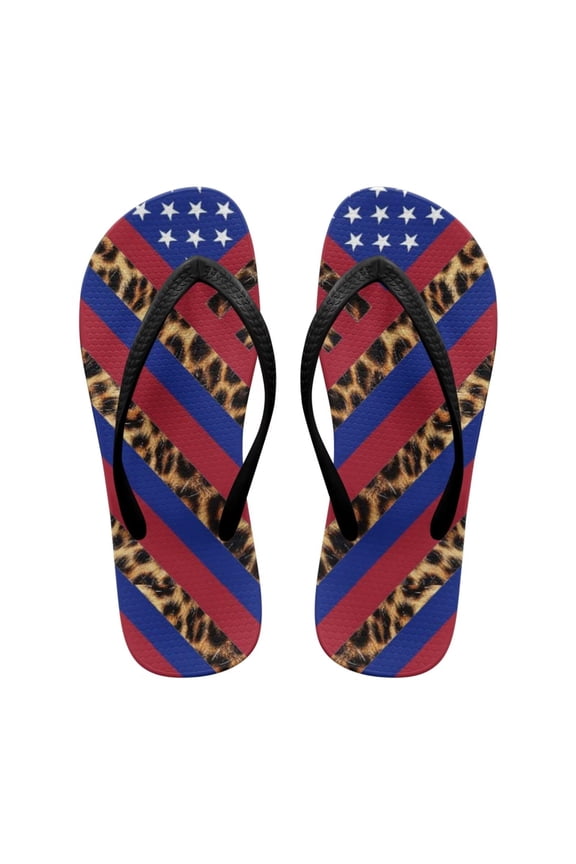 USA Flag Leopard Print Flip Flops for Women Fourth of July Non-Slip Rubber Sole Comfortable Thong Sandals