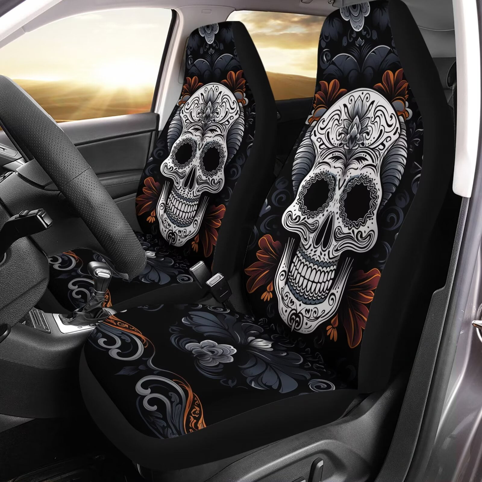 Uourmeti Universal 2pcs Front Seat Cover, Bohemian Sugar Skull Print Durable Car Seat Protector, Vehicle Seat Protector for Auto Sedan SUV Truck Auto Accessories