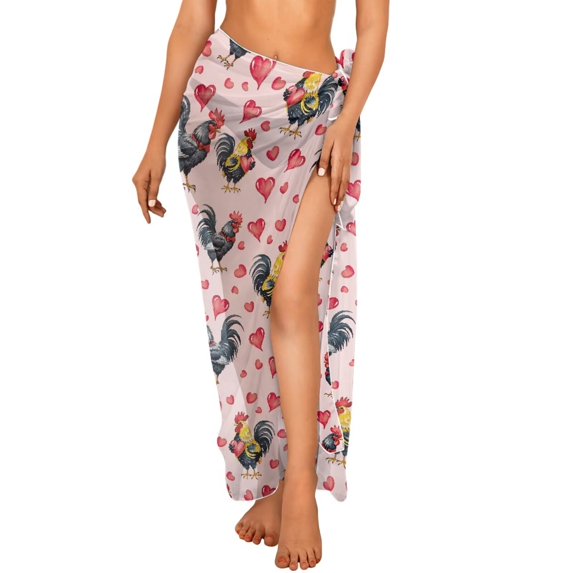 Uourmeti Valentine Roosters Swimsuit Coverup for Women Chiffon Long Bikini Wraps Soft Bikini Scarf Blouse for Swimwear