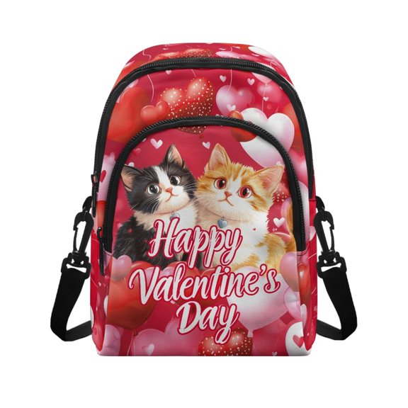 Uourmeti Valentine's Day Lightweight Sling Bag Featuring Cute Kitten Hearts, Polyester Zipper Closure for Daily Travel Use for Men and Women