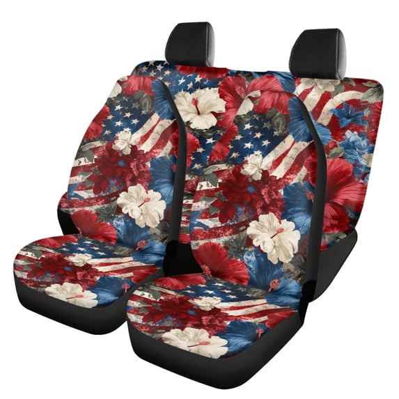 Uourmeti Vintage American Flag with Hibiscus Floral Print Car Seat Covers 3 PCS, Car Seat Covers Full Set Polyester Easy to Install Breathable for Truck Cars Sedans