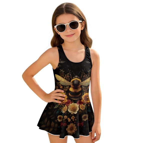 Uourmeti Vintage Bee & Floral Print Girls One Piece Skirted Swimsuit - Soft Stretchy Quick Dry Swim Dress for Beach Pool & Vacation