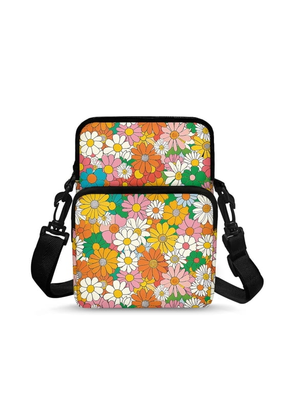 Vintage Floral Print Crossbody Bags Polyester Satchel Bags for Women, Lightweight 2 Zipper Pockets Crossbody Purse