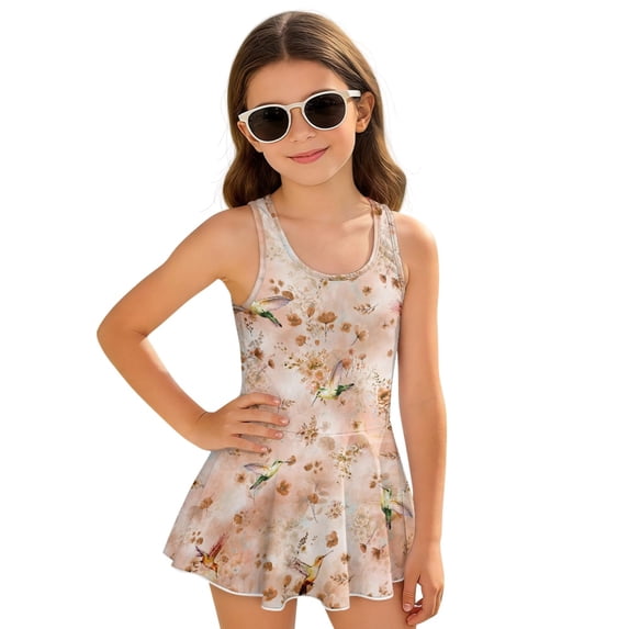 Uourmeti Vintage Hummingbird & Dried Floral Print Girls One Piece Swim Dress - Sleeveless Skirted Bathing Suit with Built-in Liner, Quick Dry for Beach & Pool