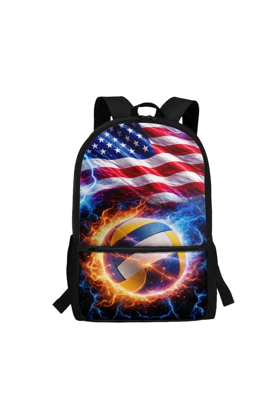 Volleyball American Flag Durable Fabric School Backpack, 17 Inch Stylish Student Bookbag Personalized Polyester Backpack for Students