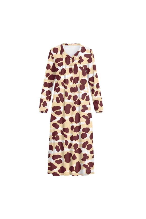 Warm House Dress for Home Indoor, Elastane Polyester Blend Button Front Cozy Full Length Nightgown, Leopard Print Pattern