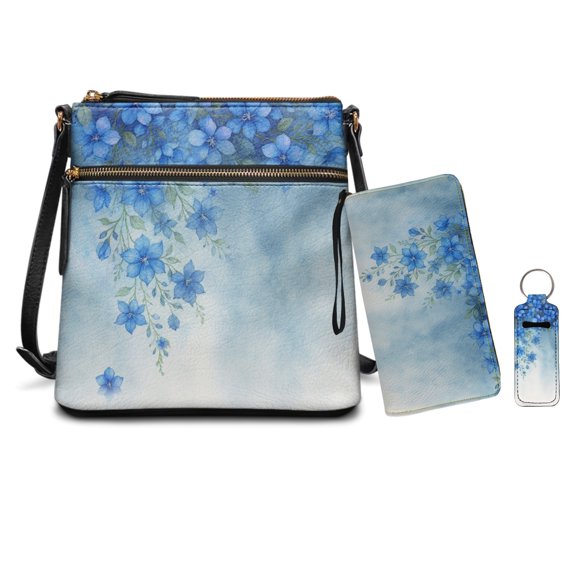 Uourmeti Watercolor Blue Floral Small Leather Crossbody Bag for Ladies, Adjustable Strap Zipper Purse, Lip Balm Holder for Date Night