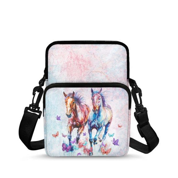 Uourmeti Watercolor Horse Butterfly Crossbody Bag, Double Layer Zippered over Shoulder Bags for Women, Messenger Sling Bag