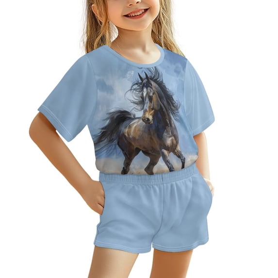 Uourmeti Watercolor Horse Short Sleeve Tops for Girls Western Casual Knee Length Shorts and Cap Tops 2 Piece Elastic Waisted Pants with Side Pockets Kids Summer Outfits Sets