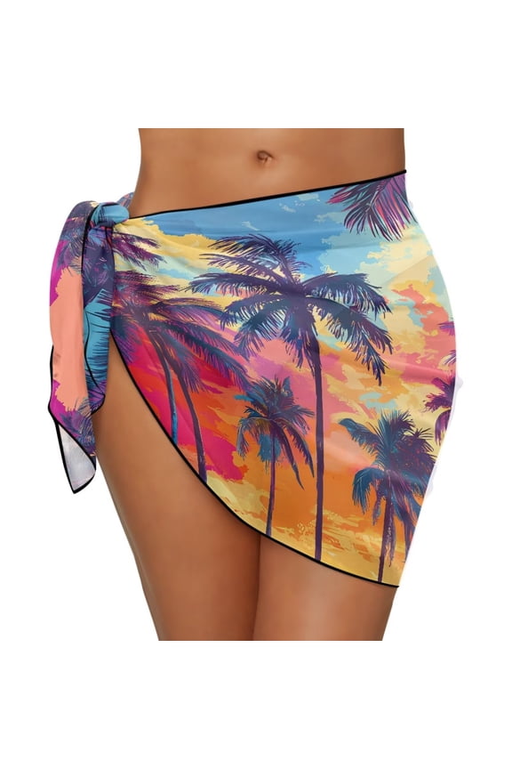 Watercolor Palm Tree Swimsuit Coverups for Women Hawaii Sarong Beach Bikini Wrap Sheer Short Skirt Chiffon Scarf for Swimwear