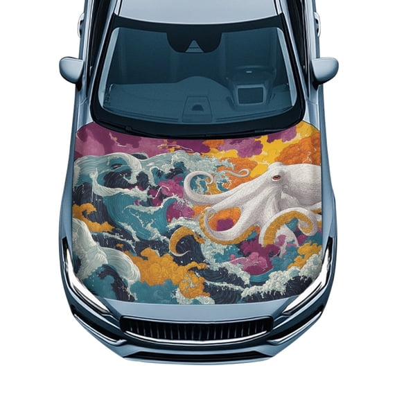 Uourmeti Waterproof Car Hood Bonnet Cover for Van Pickup Sedans, Colorful Ocean Animal Wave Print Car Hood Cover Protection Swimsuit Fabric, Elastic Car Hood Cover Protector