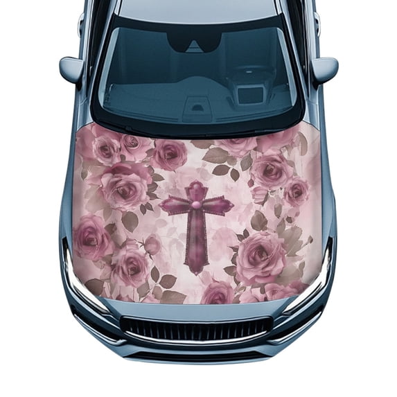 Uourmeti All Weather Protection Car Hood Cover 39.37x59.05 in for Trucks Vans SUV, Pink Rose Cross Engine Shield, Stretch Swimsuit Fabric Car Hood Cover Protector