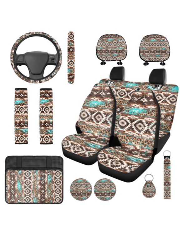 Western Aztec Leopard Pattern Car Seat Cover Set, with Car Armrest Protection Pad Car Headrest Pillow Cases, Durable Suitable for Cars Vans