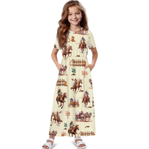 Uourmeti Western Cowboy Horse Print Girls Maxi Summer Dress with Pocket Short Sleeve Spring Boho Long Sundress Casual School for Kids, Size 13-14 Years