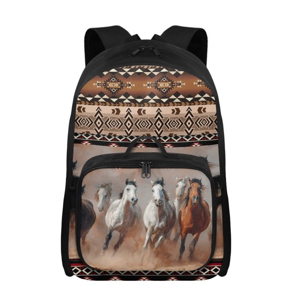 Uourmeti Western Horses Aztec Backpack Ages 7-10 Large Capacity Bookbag with Lunch Box 2 in 1 17 Inch Rucksack with Front Pocket Students School Bags with Adjustable Strap