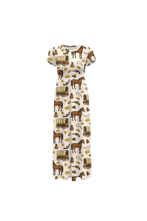 Western Ranch Breathable Ladies Casual Floor Dress, Wrinkle Resistant Elastic Polyester and Spandex Short Sleeve Maxi Dress for Holiday Party Daily