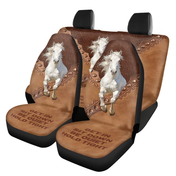 Uourmeti White Horse And Leather Print Car Seat Covers Protect Car Seat Covers Full Set Interior Decor Polyester Car Seat Cover Full Set Fit for Truck Trucks
