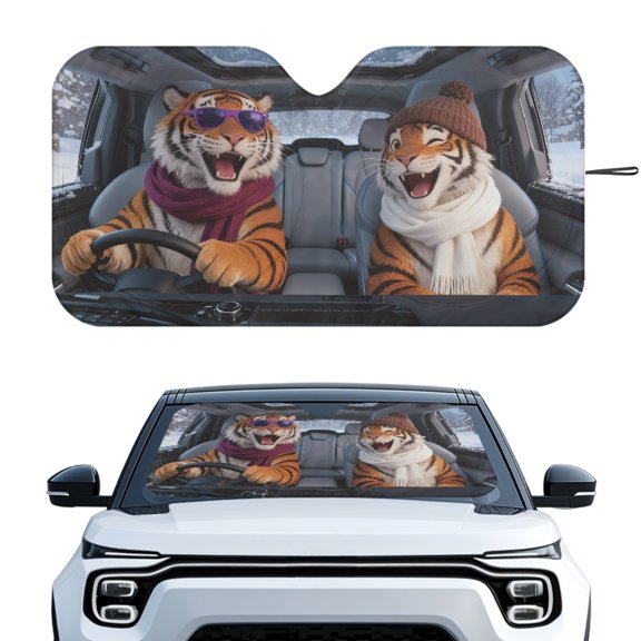 Uourmeti Winter Themed Tiger Cartoon Car Windshield Sun Shade - Foldable UV & Heat Blocker | Funny Automotive Interior Accessory for Cars, SUVs, Trucks