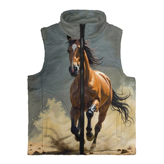 Uourmeti With Pockets Sleeveless Fleece Jacket for Winter, Polyester Comfortable Kids Zip up Vest, Running Horse Print