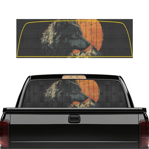 Uourmeti Wolf Mountain Sunset Pickup Truck Rear Window Decal 66.9 x 22.4 Inches, Fade Resistant Sun Blocking Vinyl Perforated Stickers for Most Trucks