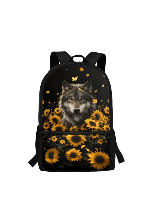 Wolf Sunflower Print Personalized Backpack, Adjustable Pressure Relief Shoulder Straps Durable School Backpack Large Capacity Student Bookbag