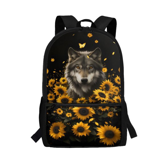 Uourmeti Wolf Sunflower Print Personalized Backpack, Adjustable Pressure Relief Shoulder Straps Durable School Backpack Large Capacity Student Bookbag