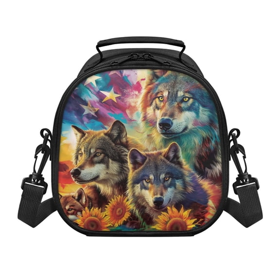 Uourmeti Wolf Sunflower Removable Strap Kids Insulated Lunch Bag, Premium Fabric Removable Adjustable Strap Easy Carry Cooler Tote Bag for Hiking School
