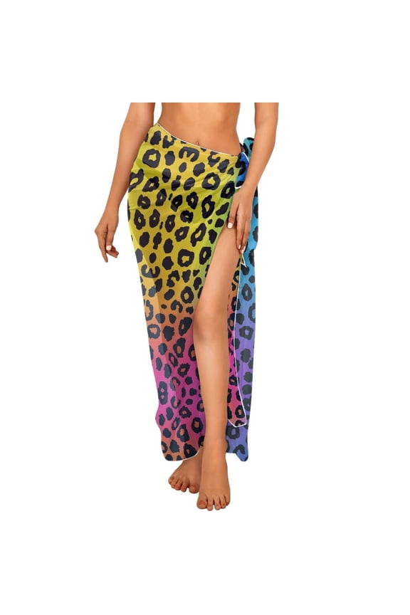 Women Colorful Leopard Print Sarong Wraps Coverups Sarong Beach Bikini Wrap Sheer Long Skirt Semi-Sheer Cover Ups