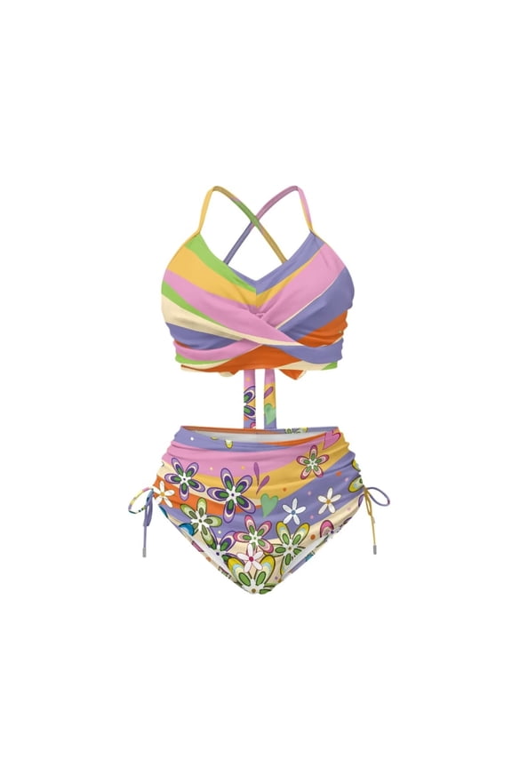 Women's 70s 80s Hippie Floral Swirls Swimsuits High Waisted Bikini for Women Two Piece Cross Lace Up Bathing Suit Plus Size Swimsuits Crisscross Tie Back Swim Bathing Suits Top Bottom