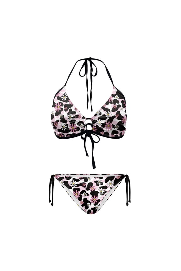 Women's Floral Cow Print Halter Bikini Set - Sexy Two-Piece Triangle Swimsuit with Tie Sides, Quick Dry, Perfect for Beach Vacation & Pool Party