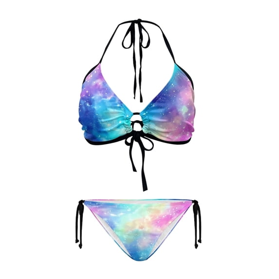 Uourmeti Women's Galaxy Nebula Halter Triangle Bikini Set - Sexy Tie Side Two Piece Swimwear with Stretchy Fabric for Beach Vacation & Pool Party