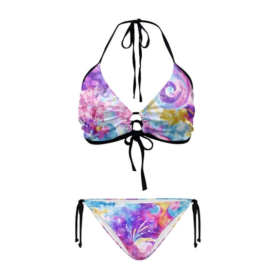 Uourmeti Women's Halter Neck Triangle Bikini Set - Cosmic Swirl Watercolor Print, Tie Side Bottoms for Beach & Pool Vacation