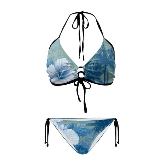 Uourmeti Women's Halter Neck Two-Piece Bikini Set - Blue Tropical Hibiscus & Palm Tree Print, Tie Side, Quick Dry Swimwear for Beach Vacation & Pool Party