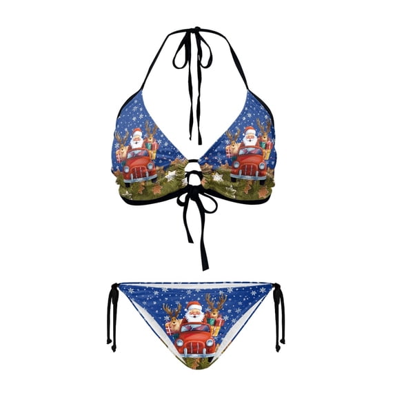 Uourmeti Women's Halter Neck Two Piece Bikini Set Christmas Santa Reindeer Car Print Sexy Tie Side Swimsuit for Tropical Vacation & Pool Party