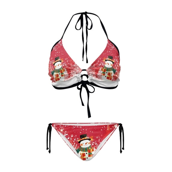 Uourmeti Women's Halter Neck Two Piece Bikini Set - Festive Christmas Snowman Print Quick Dry, Sexy Tie Side Swimwear for Beach & Pool Vacation