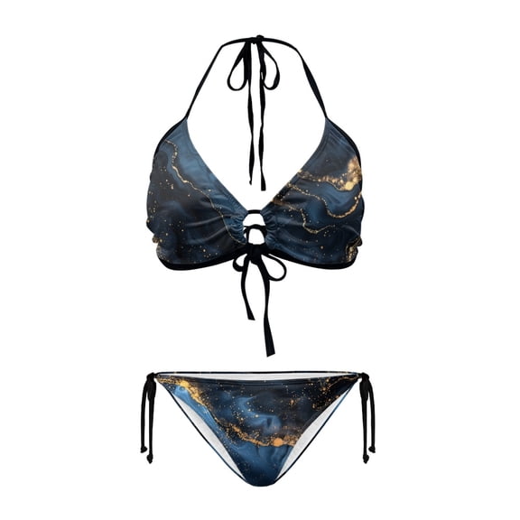 Uourmeti Women's Halter Neck Two-Piece Bikini Set - Navy Blue Gold Marble Swirl Design - Sexy Tie Side Swimwear for Beach Vacation & Pool Party